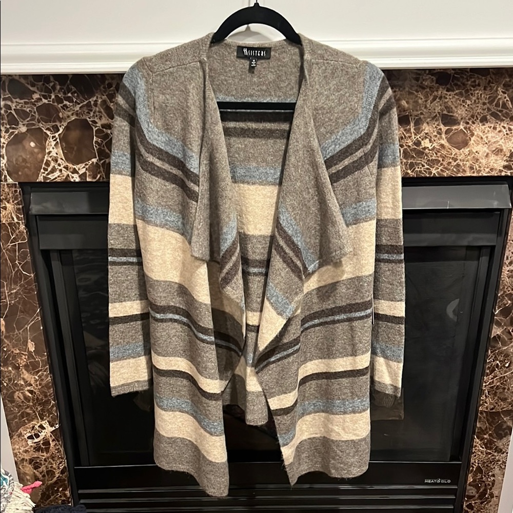 Brown and Gray Open Front Cardigan Sweater